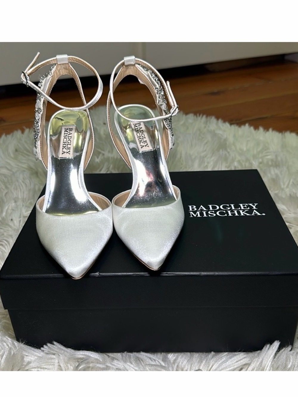 Badgley Mischka White Satin Pointed-Toe Ankle-Strap Pumps with Crystal Accent
